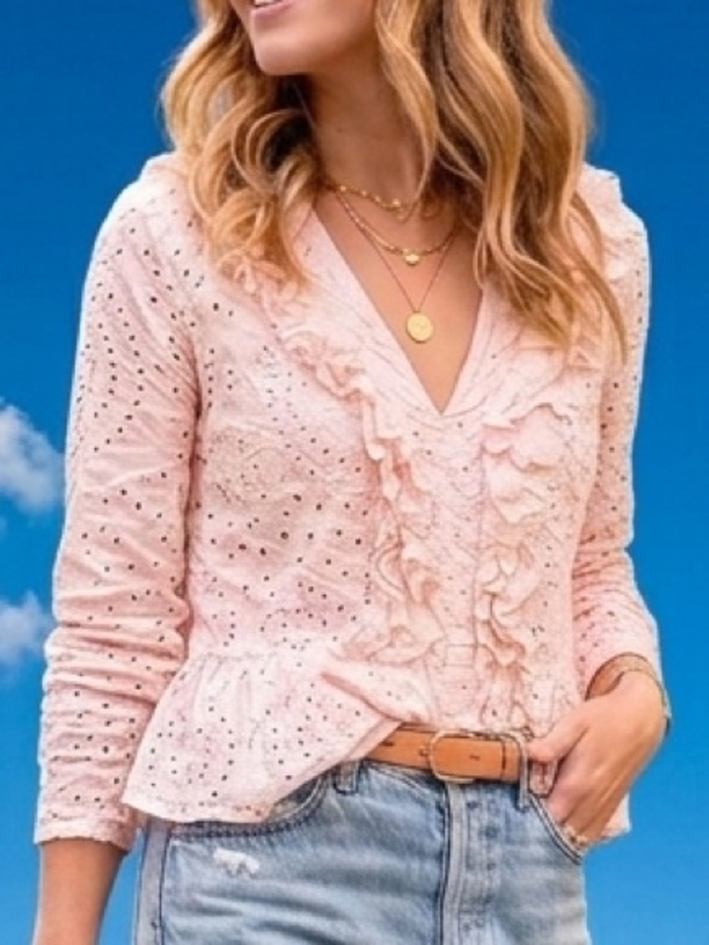 Express Cotton Eyelet Ruffle Light Blouse L Boho Clean Girl Dollcore Coquette